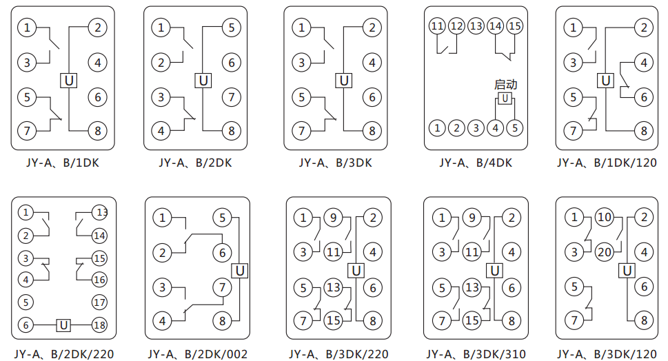 JY-B/4DK無輔源電壓繼電器內部接線圖及外引接線圖(正視圖) JY-B/4DK無輔源電壓繼電器內部接線圖及外引接線圖(正視圖)