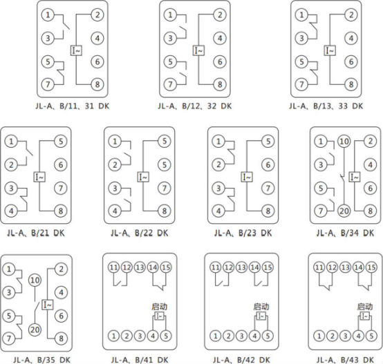 JL-A、B/11 DK無輔源電流繼電器內部接線及外引端子圖（正視圖）