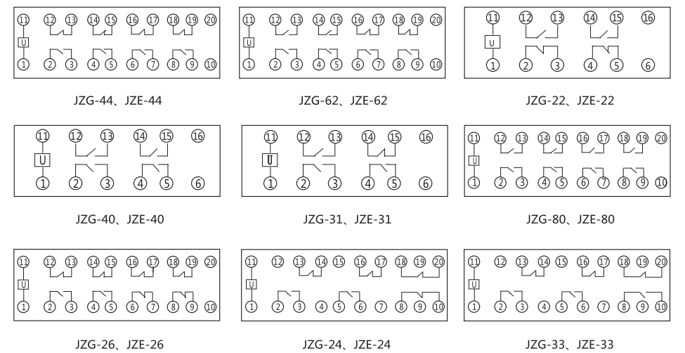 JZE-44卡軌式靜態中間繼電器內部端子外引接線圖 JZE-44卡軌式靜態中間繼電器內部端子外引接線圖