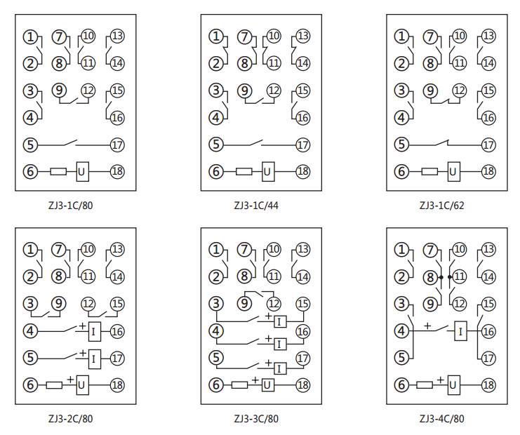 ZJ3-4C/80快速中間繼電器內部接線圖及外引接線圖(正視圖) ZJ3-4C/80快速中間繼電器內部接線圖及外引接線圖(正視圖)